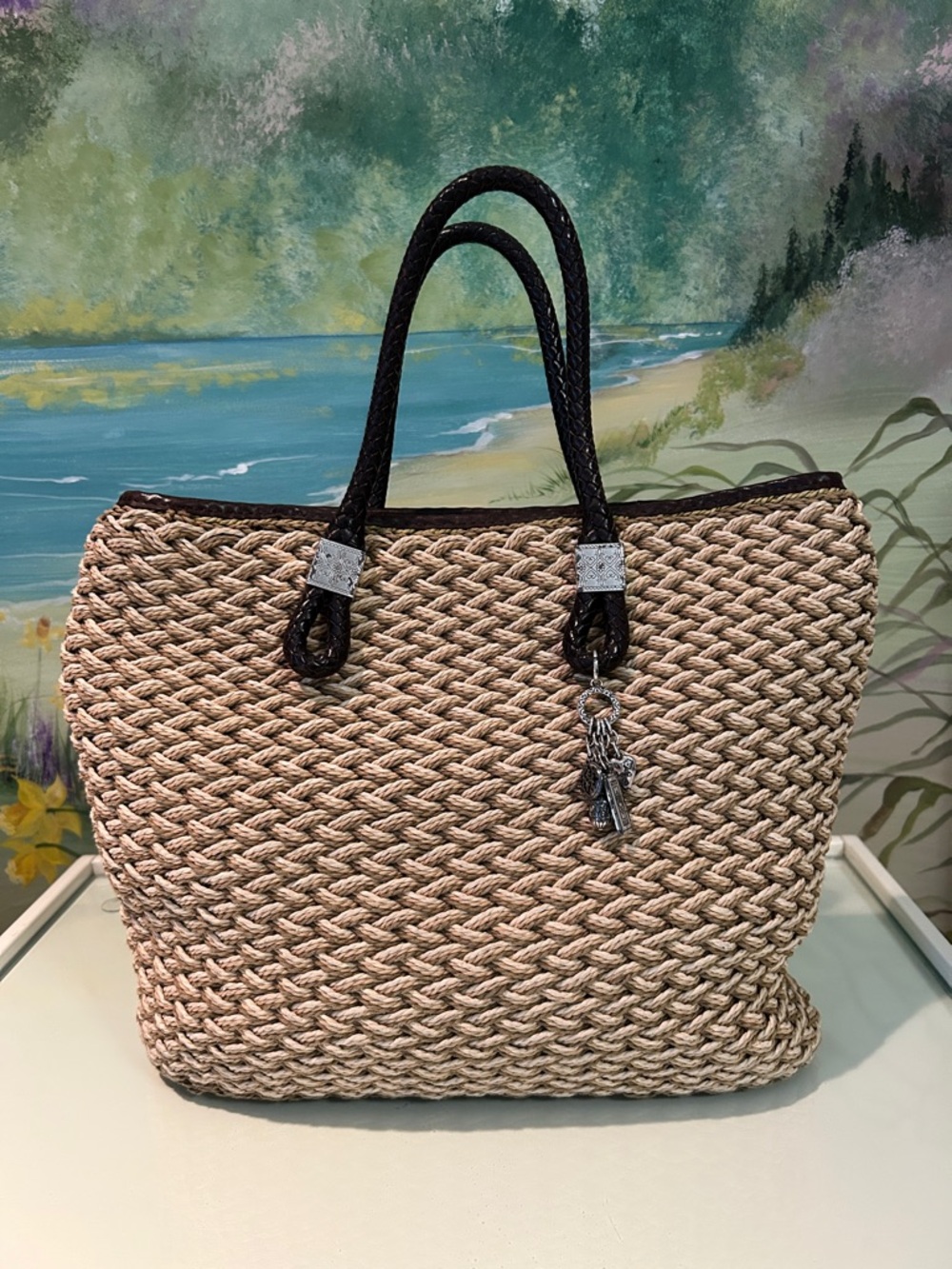 Vintage Brighton Rita Natural Woven Jute Straw Tote Bag with Silver Charms